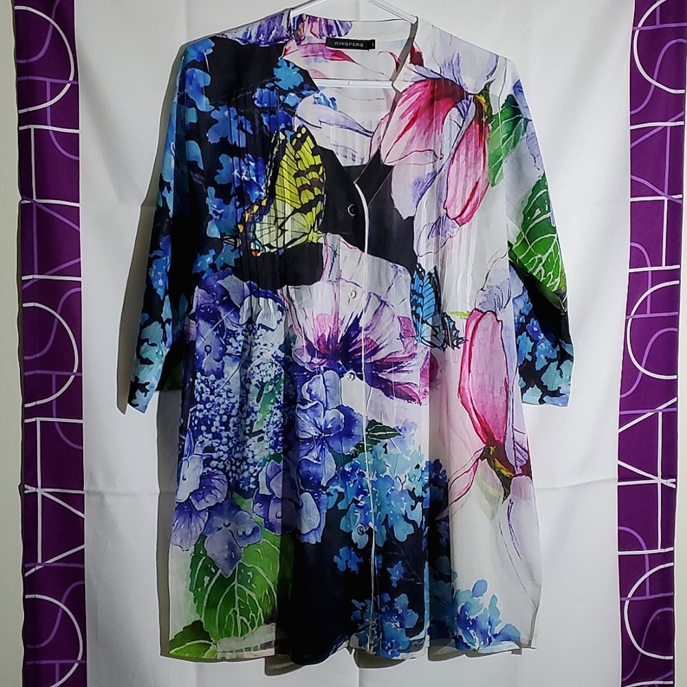 Lilia Whispers Garden Butterfly Print Button-Up Tunic, Imported from Australia